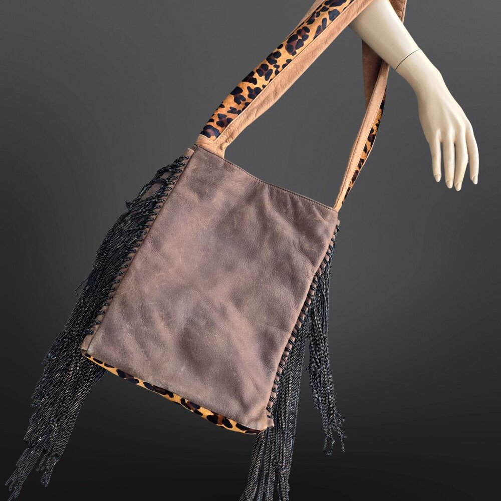House Of Harlow 1960 Boho Brown Leather Leopard Calf Hair Bag Chain Fringe 2012